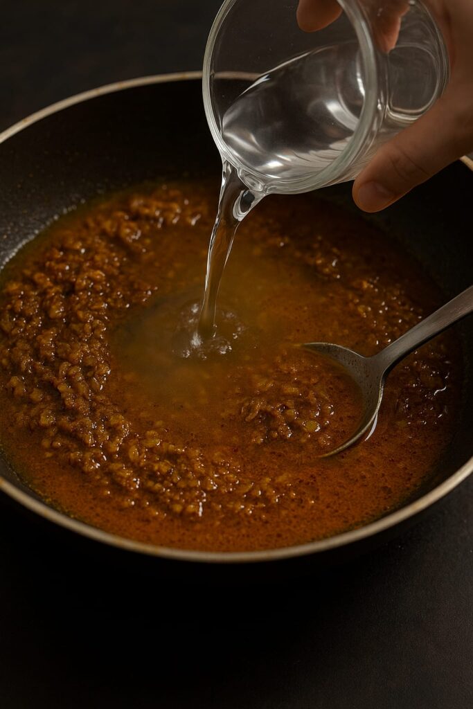 Pour in a cup of water. Simmer for 5–6 minutes. You now have a delicious base for curry and egg dishes.