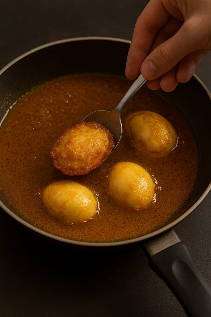 Drop in the fried eggs and cover it and let it cook for 10 minutes
