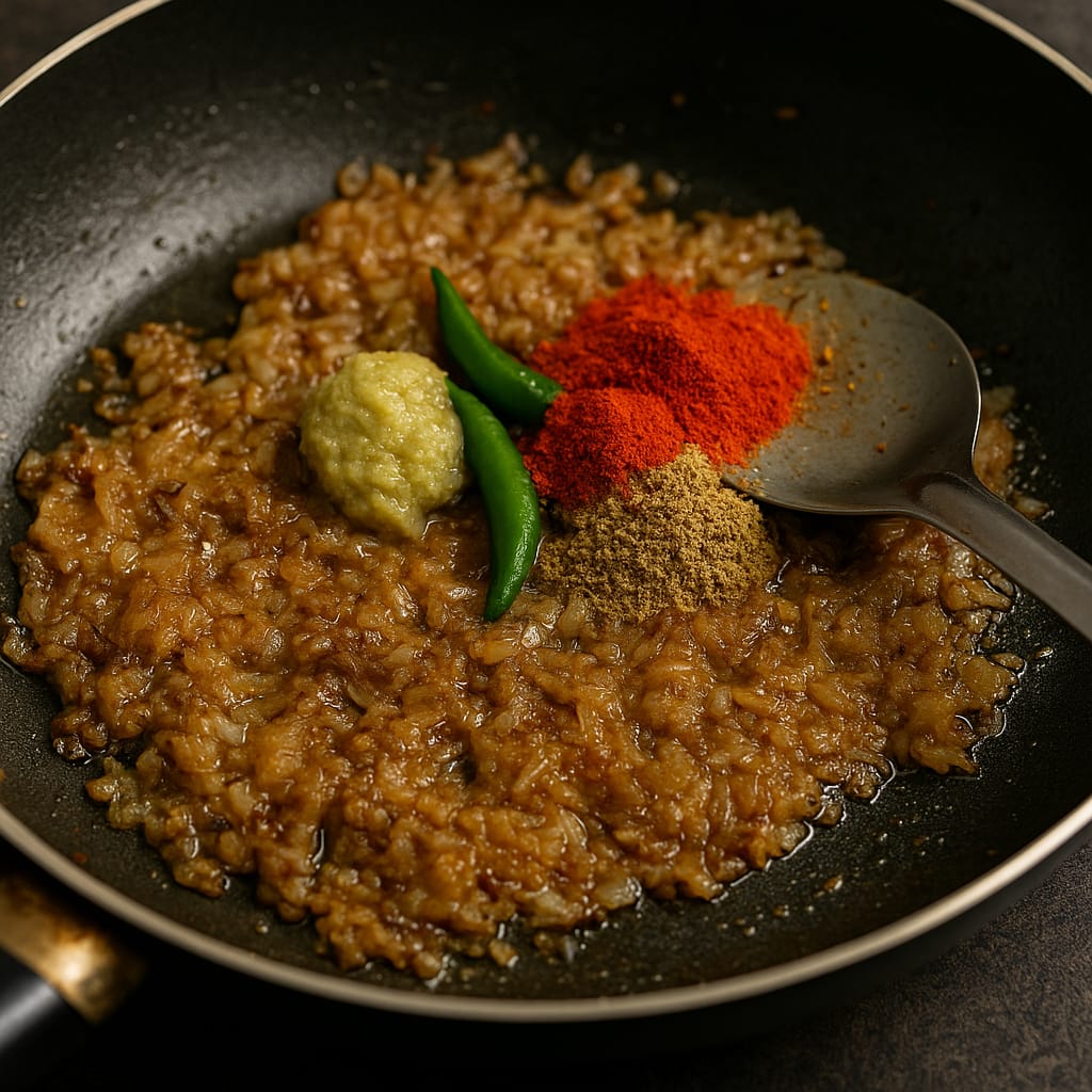 "Turmeric, red chili, coriander powder and green chilies added to onion masala".