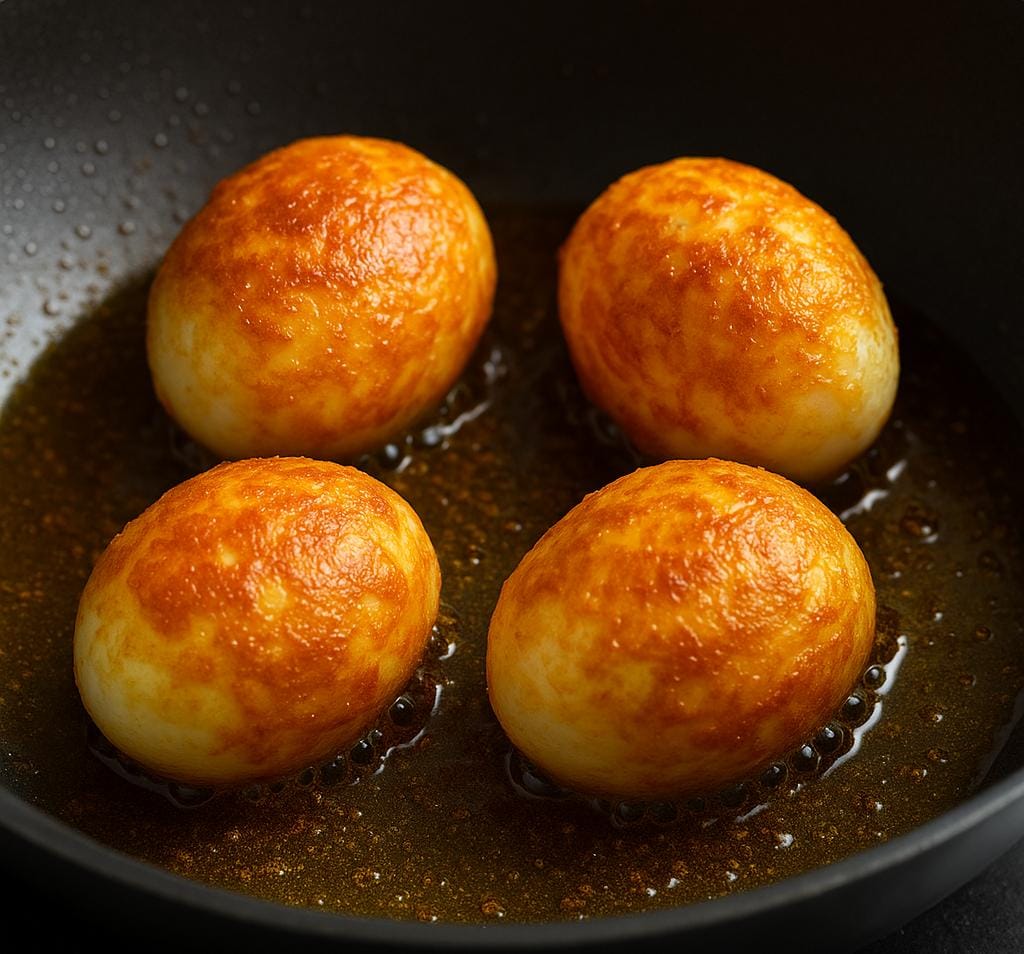 "Golden-fried boiled eggs in a pan for Dhaba-style egg curry".