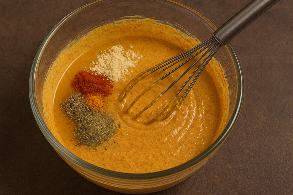 In a large mixing bowl, whisk together the hung curd, roasted besan, mustard oil, lemon juice, and all the spices for paneer tikka recipe.
