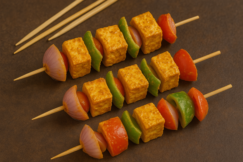 Soak wooden skewers in water for 30 minutes to avoid burning. Thread marinated paneer and vegetables alternately: 