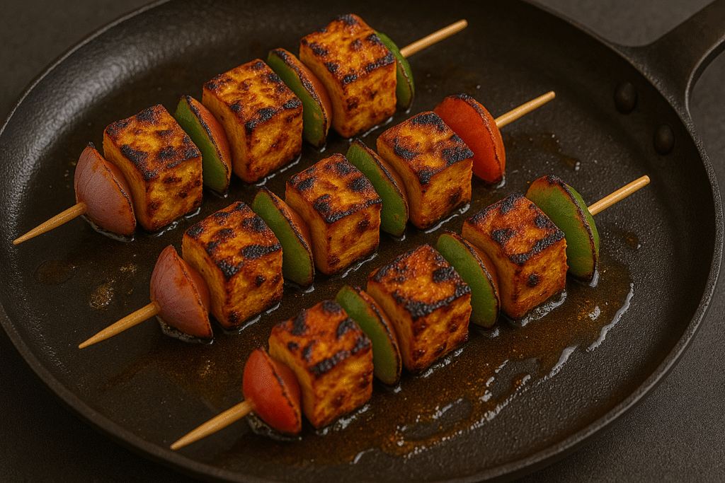 Grilling on Tawa and Heat 1–2 tablespoons oil on a non-stick tawa or iron griddle. Cook until the paneer is golden and slightly charred (around 10–12 minutes).